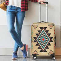 Geometric southwest luggage cover on rolling suitcase, beige with multicolor diamond center