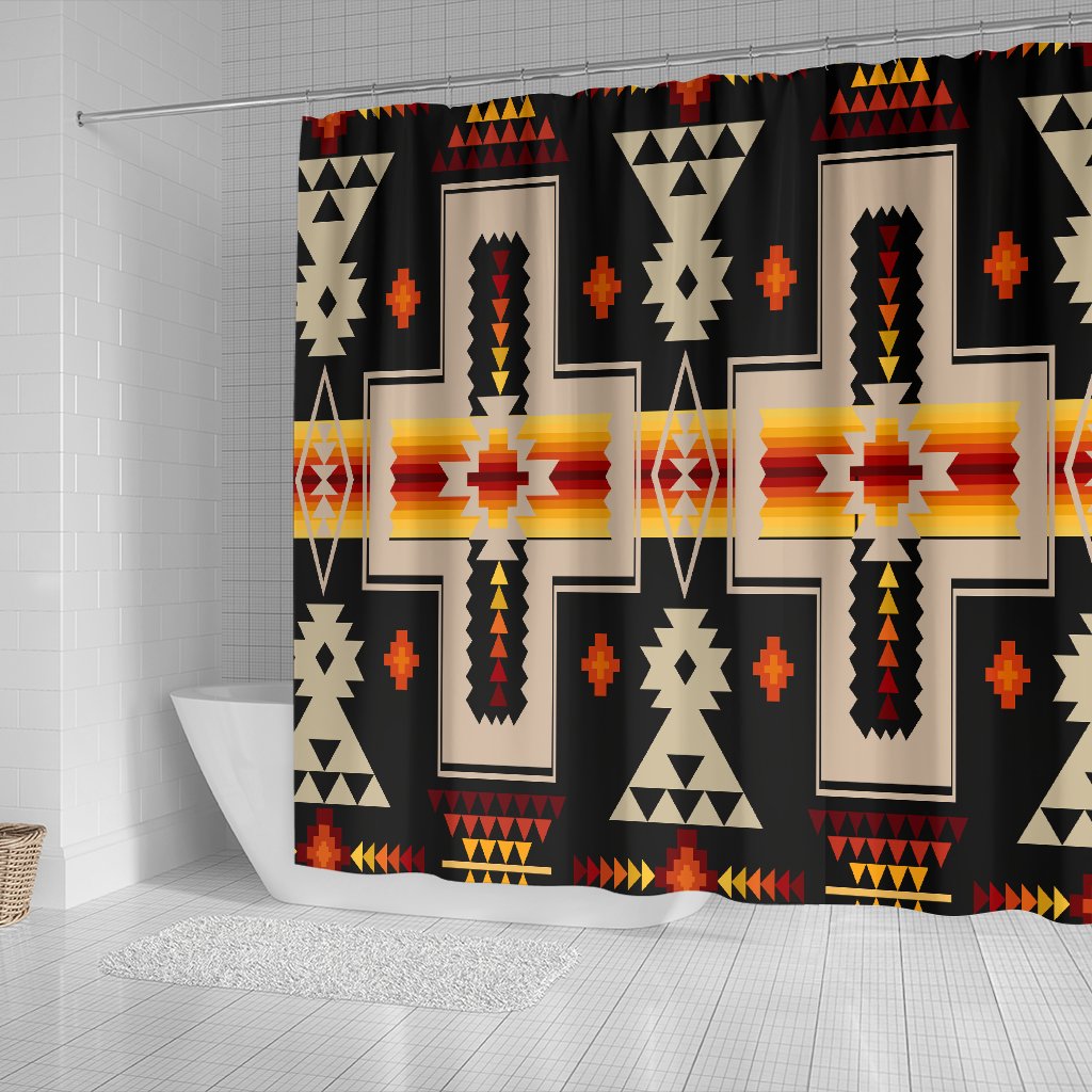 Native-style shower curtain, black background, large cross motifs and geometric blocks