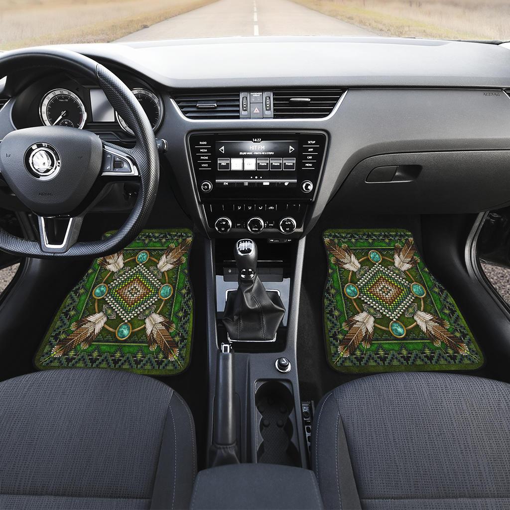 Two green front car mats, turquoise bead & feather mandala native-style design