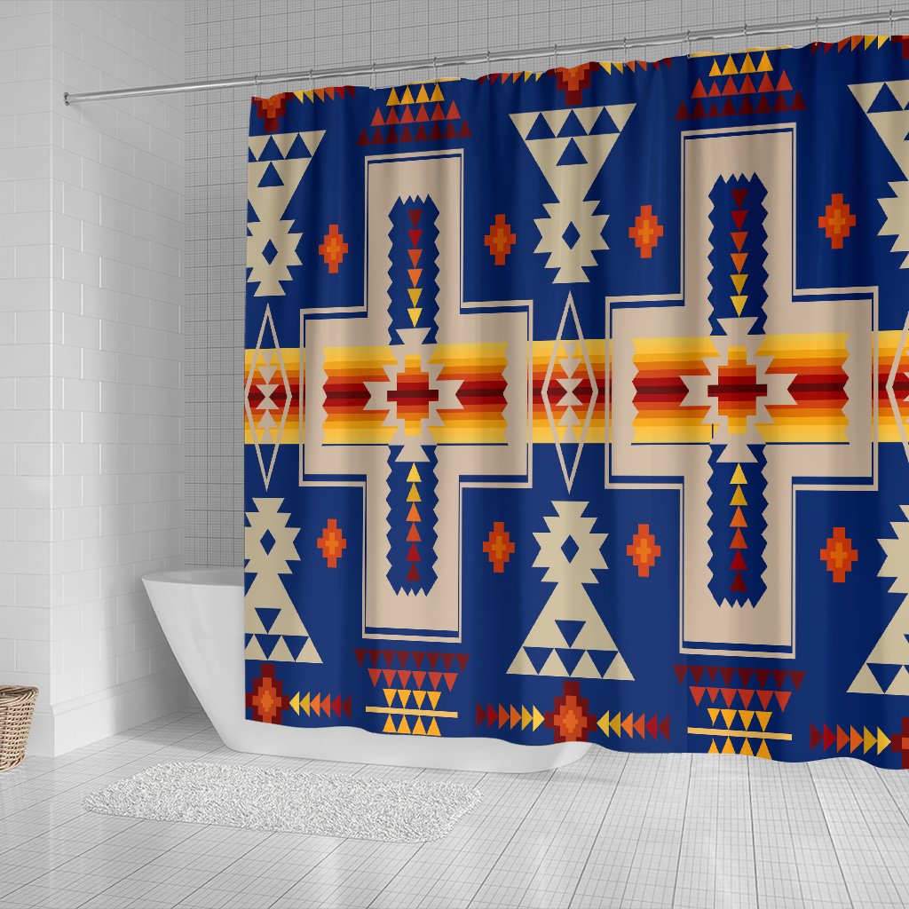 Blue shower curtain panel with repeating native diamond and cross motifs in cream, red, and gold