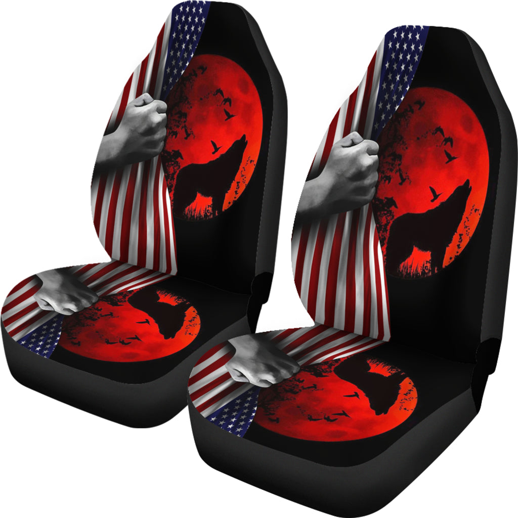 Pair of front seat covers, black with red wolf emblem, blue stars and red-white stripes