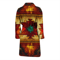 Colorful native geometric bath robe, full back view with red gold black and green accents