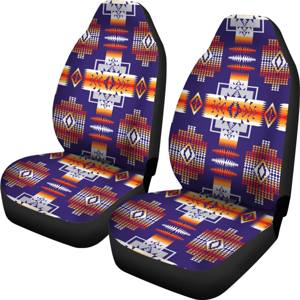 Set of two purple car seat covers with colorful geometric native-style pattern
