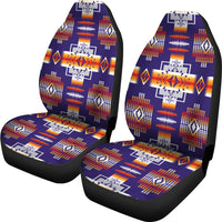 Set of two purple car seat covers with colorful geometric native-style pattern
