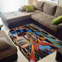 Multicolor area rug featuring Native American portrait with blue, red, and feather design