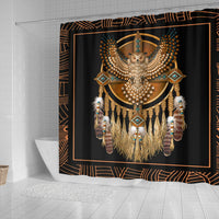 Dreamcatcher shower curtain featuring central owl, turquoise accents, gold fringe and beads