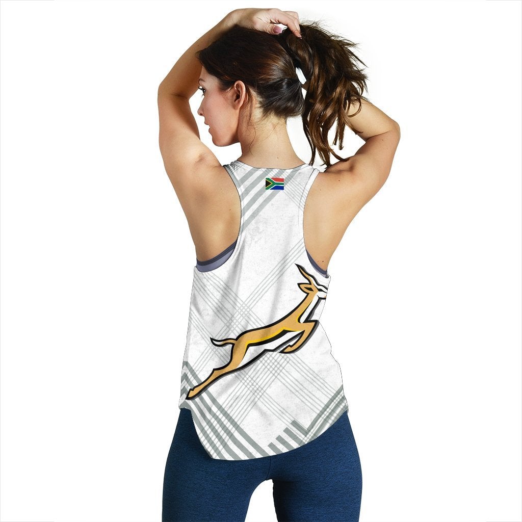 Women’s Springboks tank top, white back with small flag patch and gold emblem