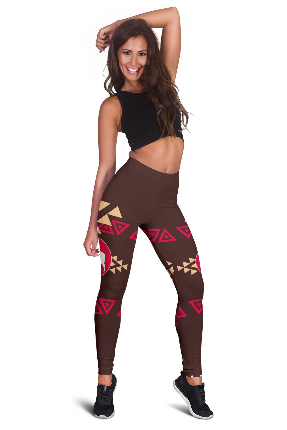 Brown leggings LT10 with red, tan, and cream native-style pattern across legs
