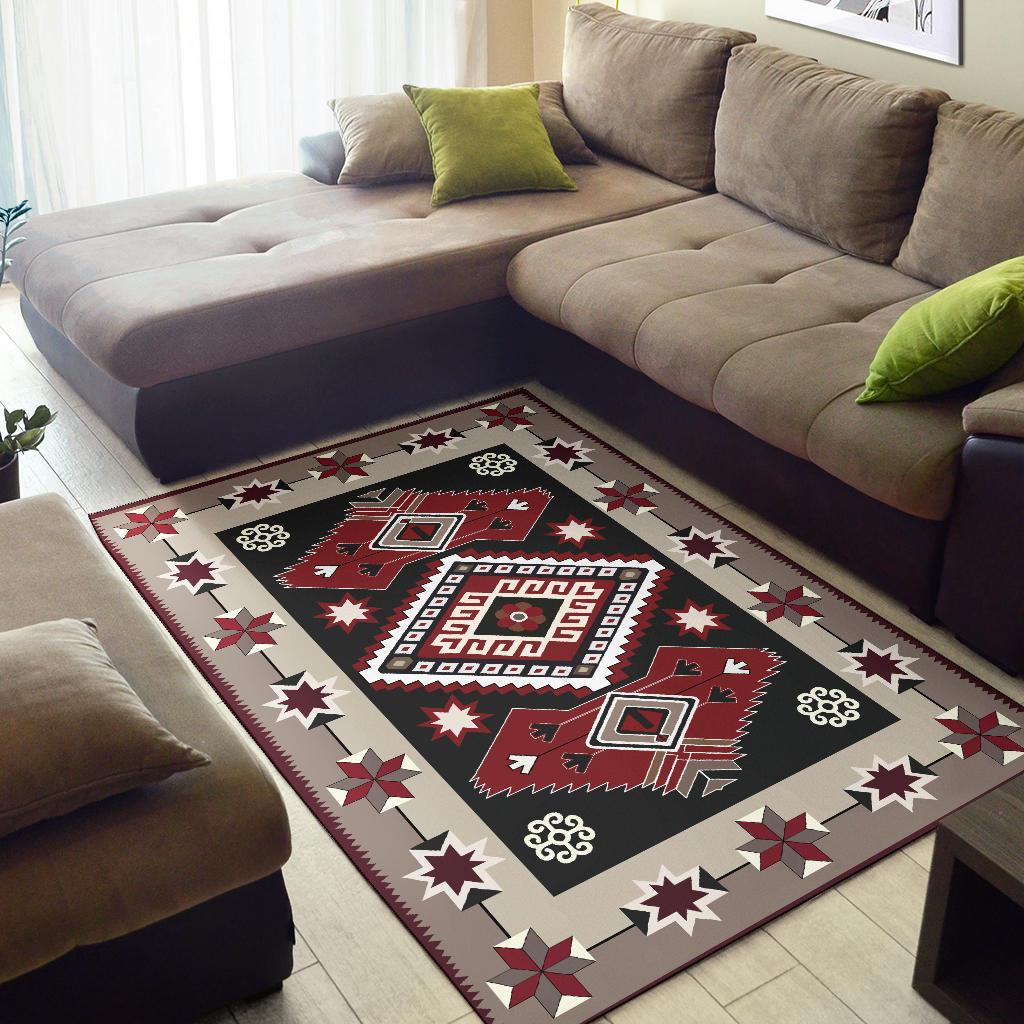 Multicolor tribal area rug featuring two medallions, star border, red brown and cream