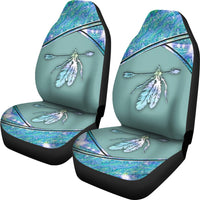Set of LT10 seat covers: turquoise feather design with multicolor panels, black trim