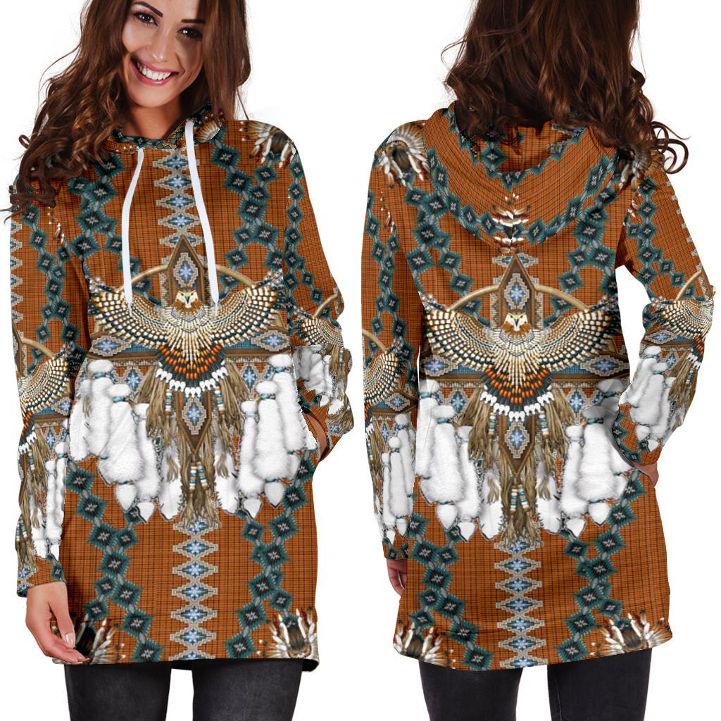 Front view orange hooded dress, teal-and-blue diamond print, bead motif, long sleeves