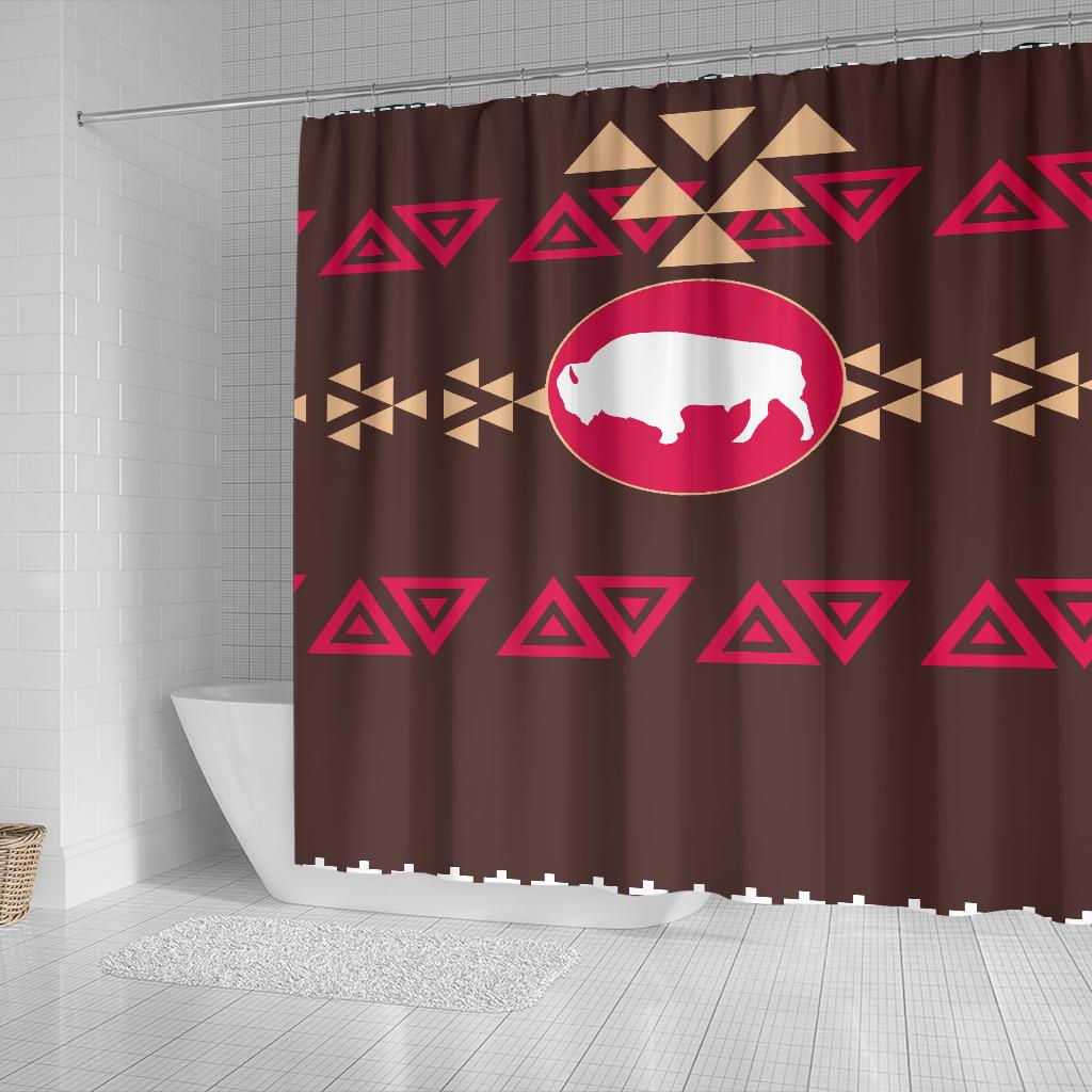 Brown shower curtain, bison emblem in pink oval with tan and red tribal triangles