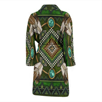 Green robe with full front Native mandala bead print, long sleeves, tie belt