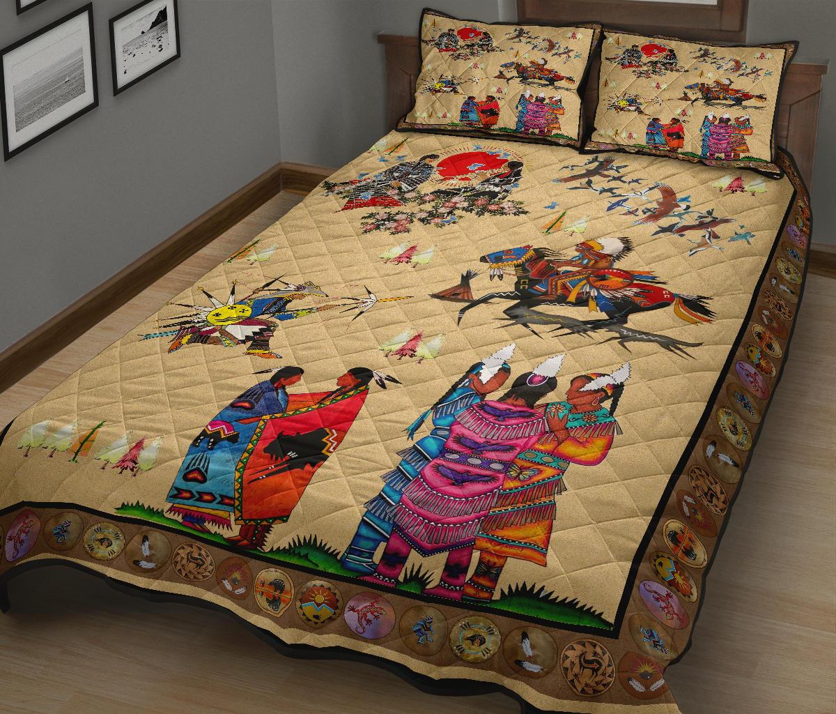 Close view of multicolor quilt bed set with mounted horse and two matching pillows