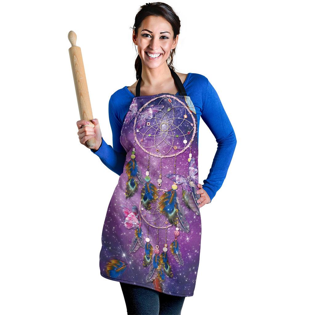 Long purple apron with dreamcatcher hoop, multicolor feathers and butterflies, worn