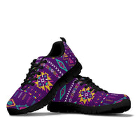 Light purple tribal print sneakers, black heel and sole, angled front view