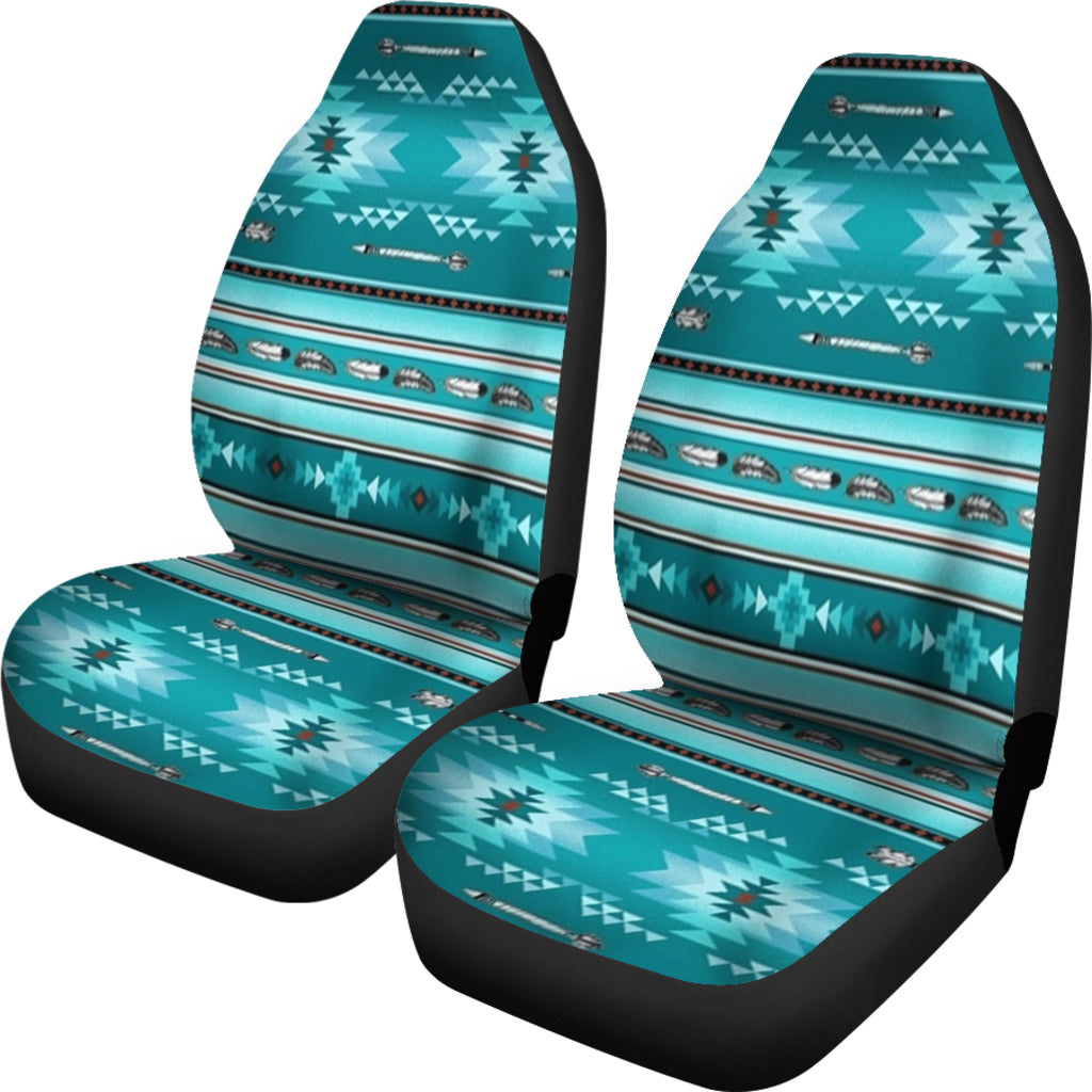 LT10 seat covers, turquoise and teal geometric stripe pattern with black edges (set)