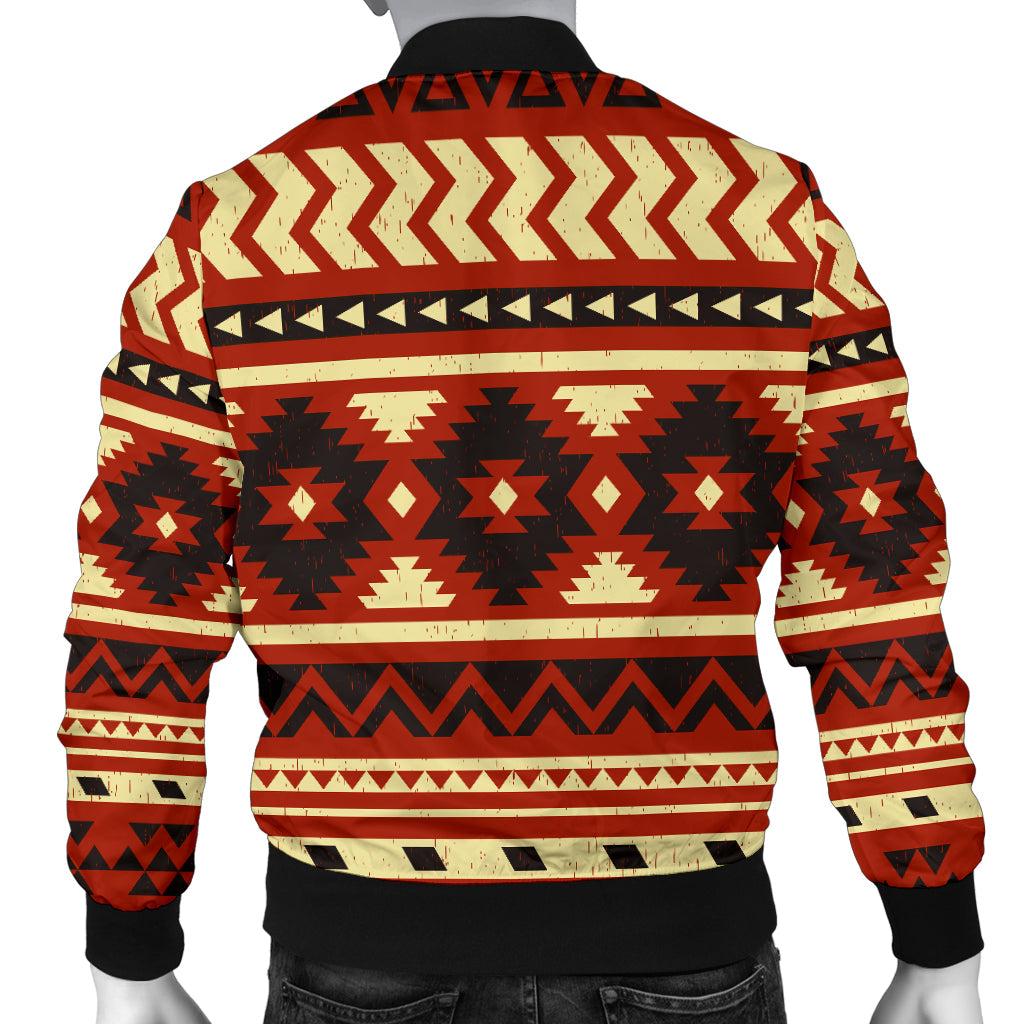 Back view bomber jacket, red/cream/black geometric tribal print, ribbed hem, full zip