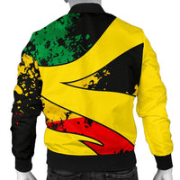 Back of men's bomber jacket with reggae graphic stripe and lion artwork, black trim