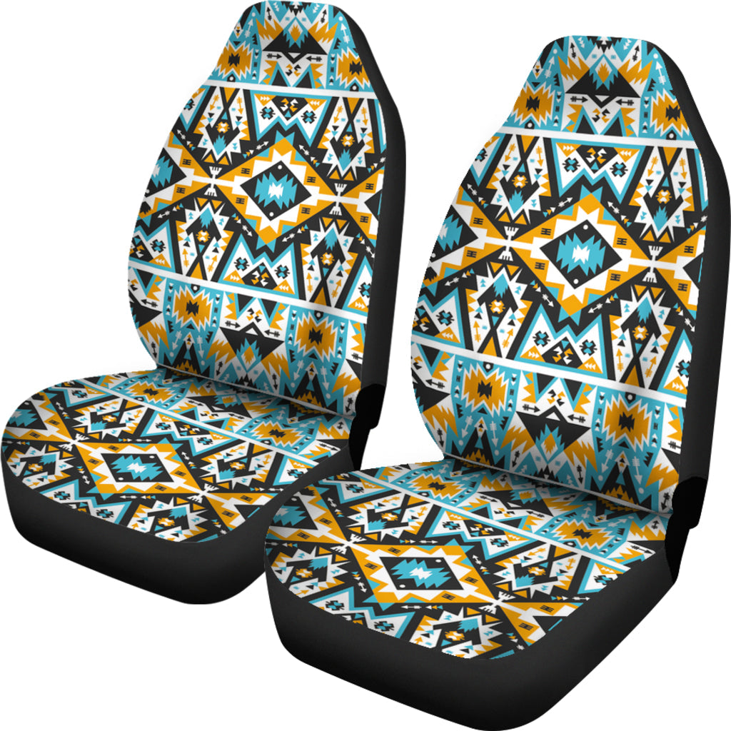 Set of two colorful front seat covers with bright geometric tribal pattern