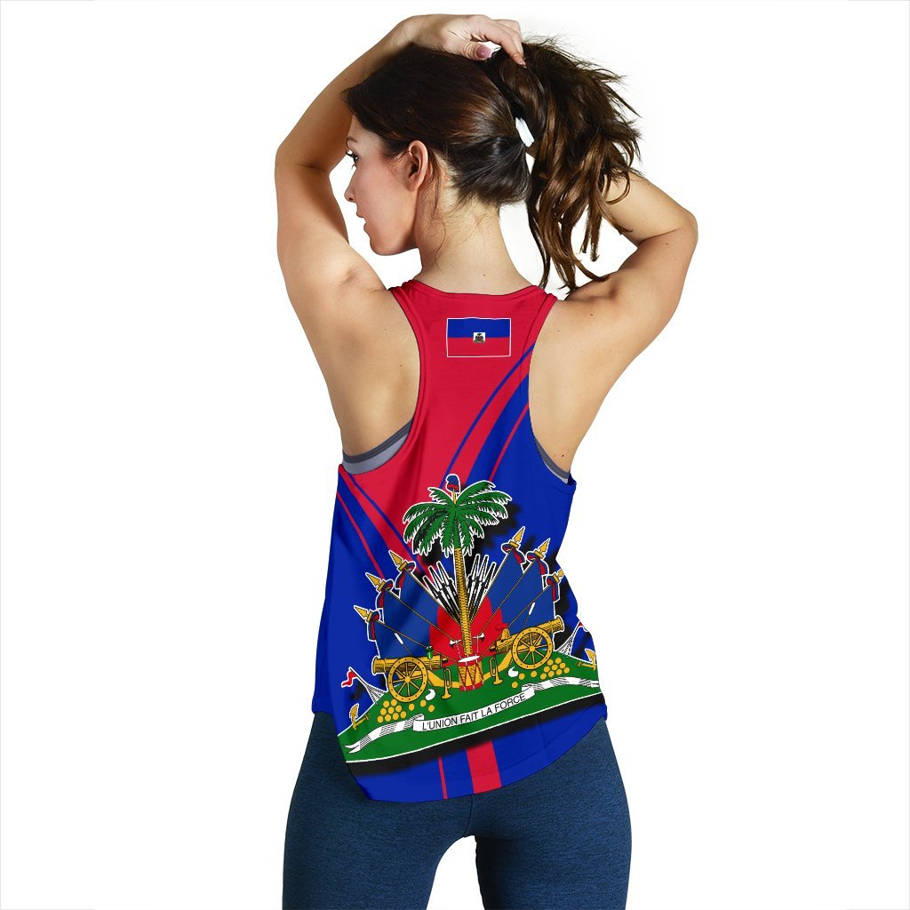 Back view racerback tank with blue panel and red sides; palm tree graphic centered