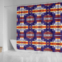 Purple shower curtain panel with repeating diamond and cross motifs, orange and red accents