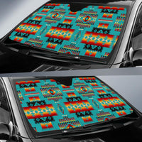 LT10 windshield sun shade with multicolor geometric pattern covering the glass