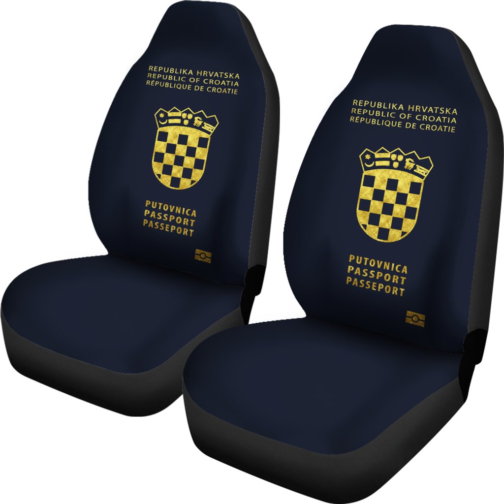 Pair of Croatia car seat covers, navy, yellow shield crest with Putovnica Passport print