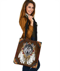 Wolf face tote bag, brown fabric with colorful pattern corners and black strap
