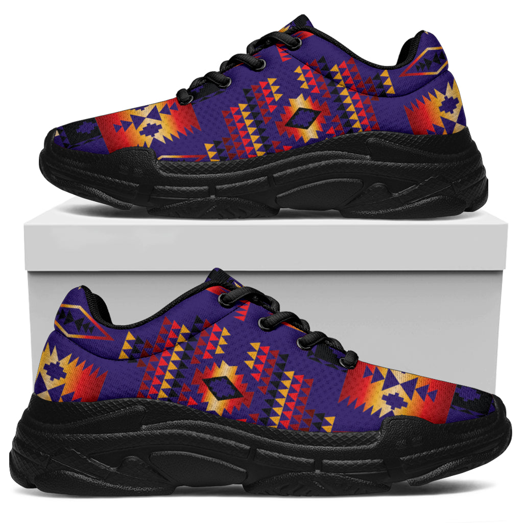 Purple multicolor patterned chunky sneakers, side view, black laces, black outsole