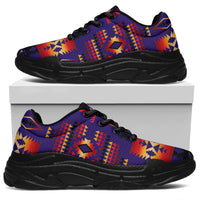 Purple multicolor patterned chunky sneakers, side view, black laces, black outsole
