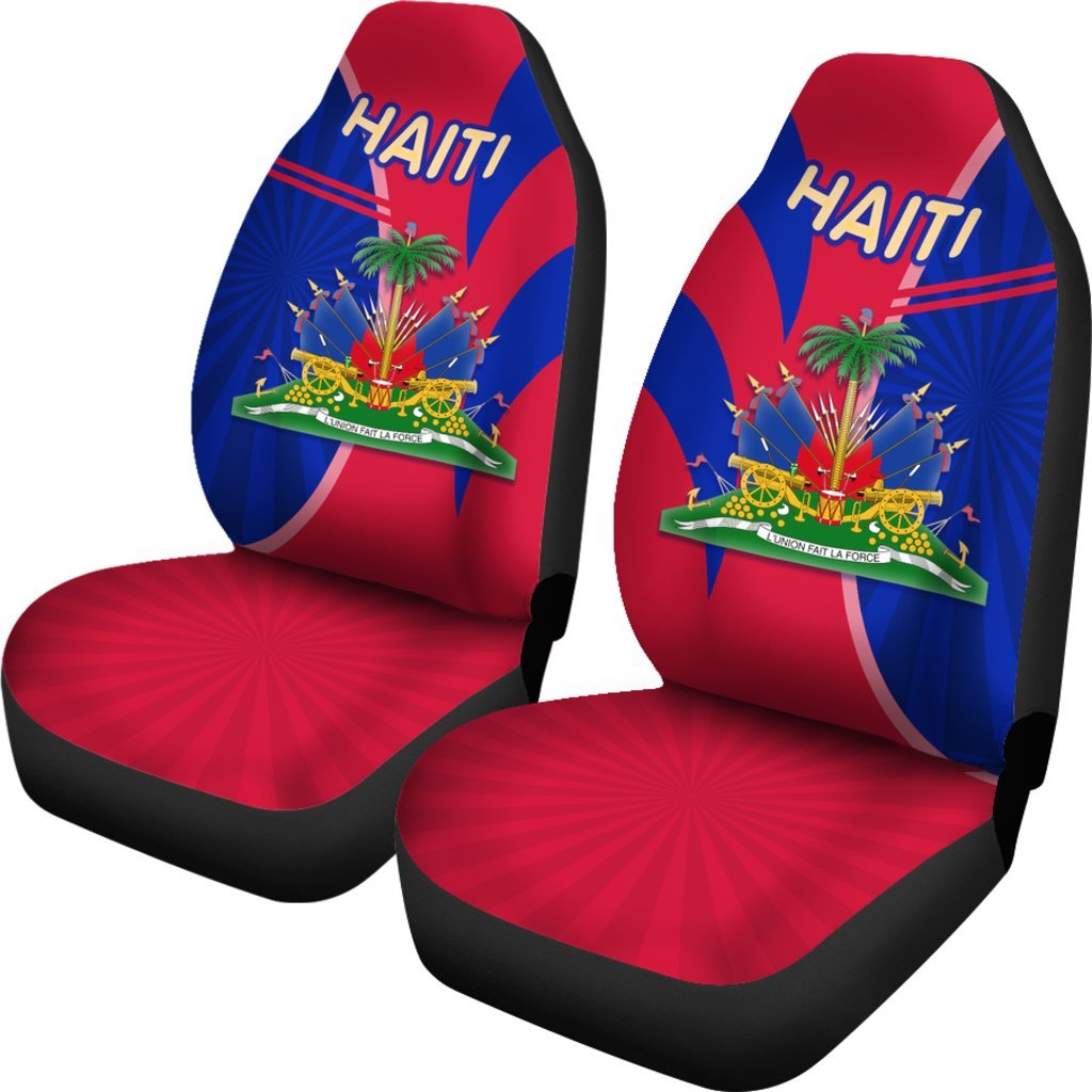 Car seat covers with Haiti flag print, red/blue stripes and coat of arms