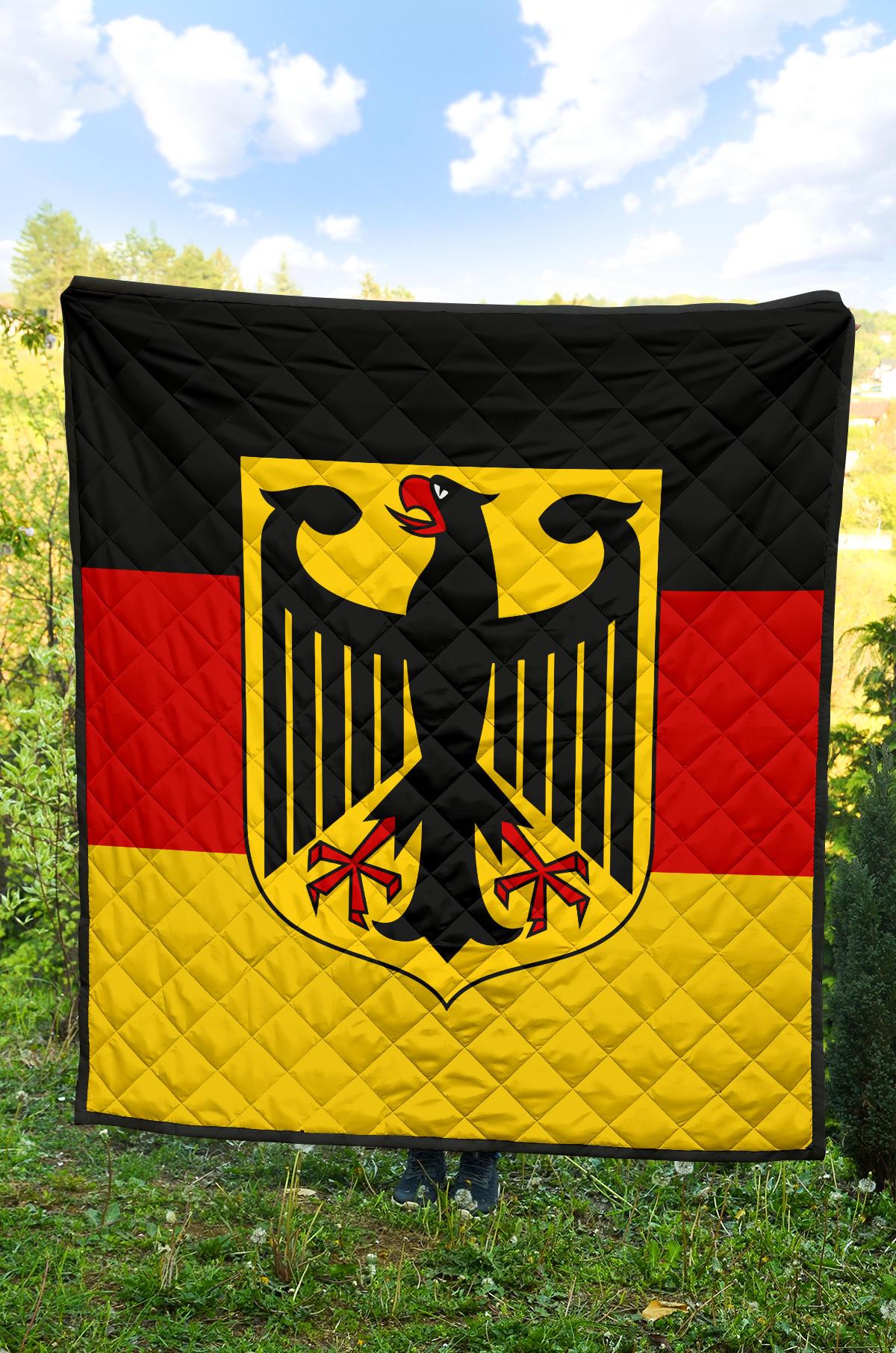 Germany flag quilt square view: black quilted top, red/yellow bands, eagle shield center