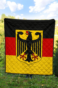 Germany flag quilt square view: black quilted top, red/yellow bands, eagle shield center