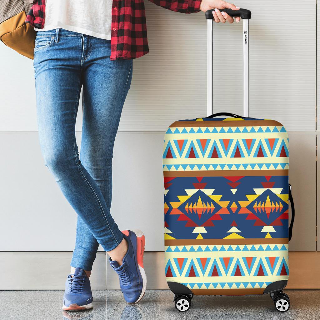 Multicolor tribal luggage cover on rolling suitcase, front flap and wheels visible