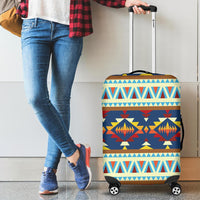 Multicolor tribal luggage cover on rolling suitcase, front flap and wheels visible