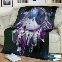 Purple galaxy wolf dreamcatcher blanket, white and dark wolves with hanging feathers