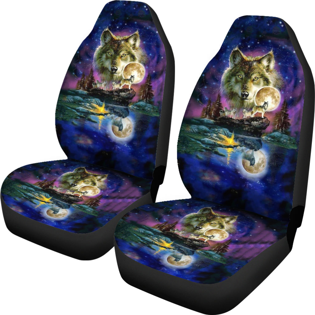 Set of two wolf galaxy night sky car seat covers with matching seat cushion, multicolor