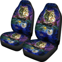 Set of two wolf galaxy night sky car seat covers with matching seat cushion, multicolor