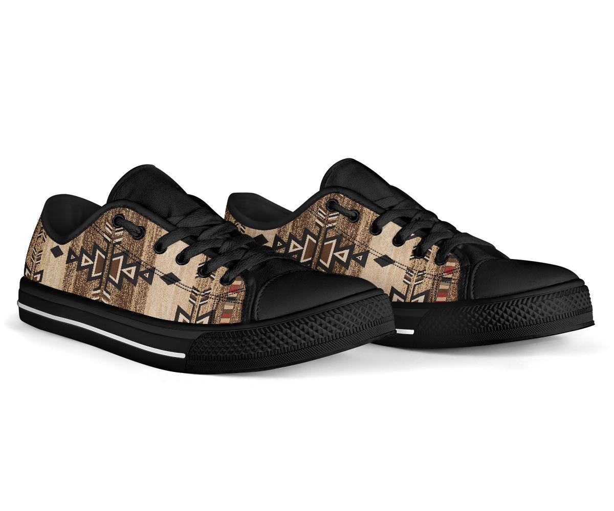 Low-top sneakers, beige tribal arrow pattern with black toe caps and laces, black sole