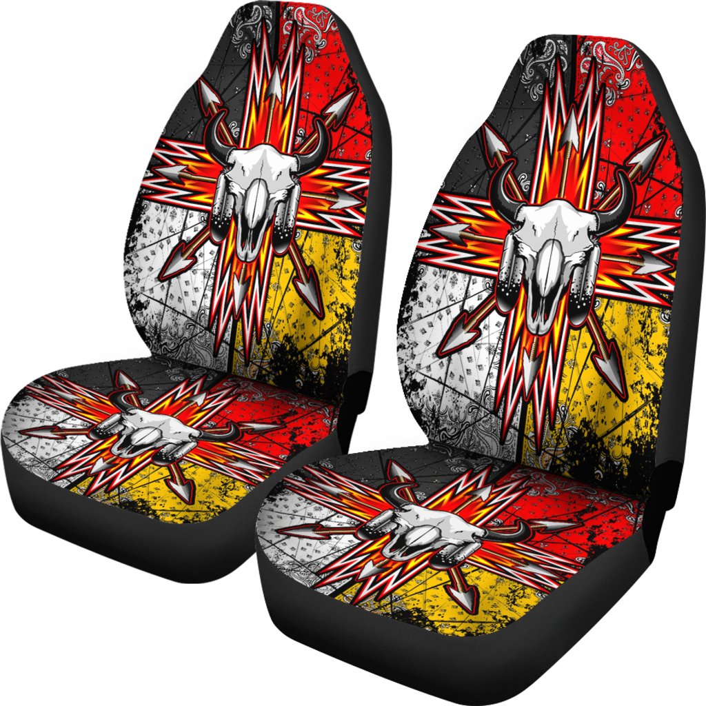 Set of 2 seat covers: bison skull and arrowburst design on multicolor fabric