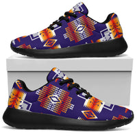 Purple native-pattern sport sneakers, side view, black laces and black rubber sole