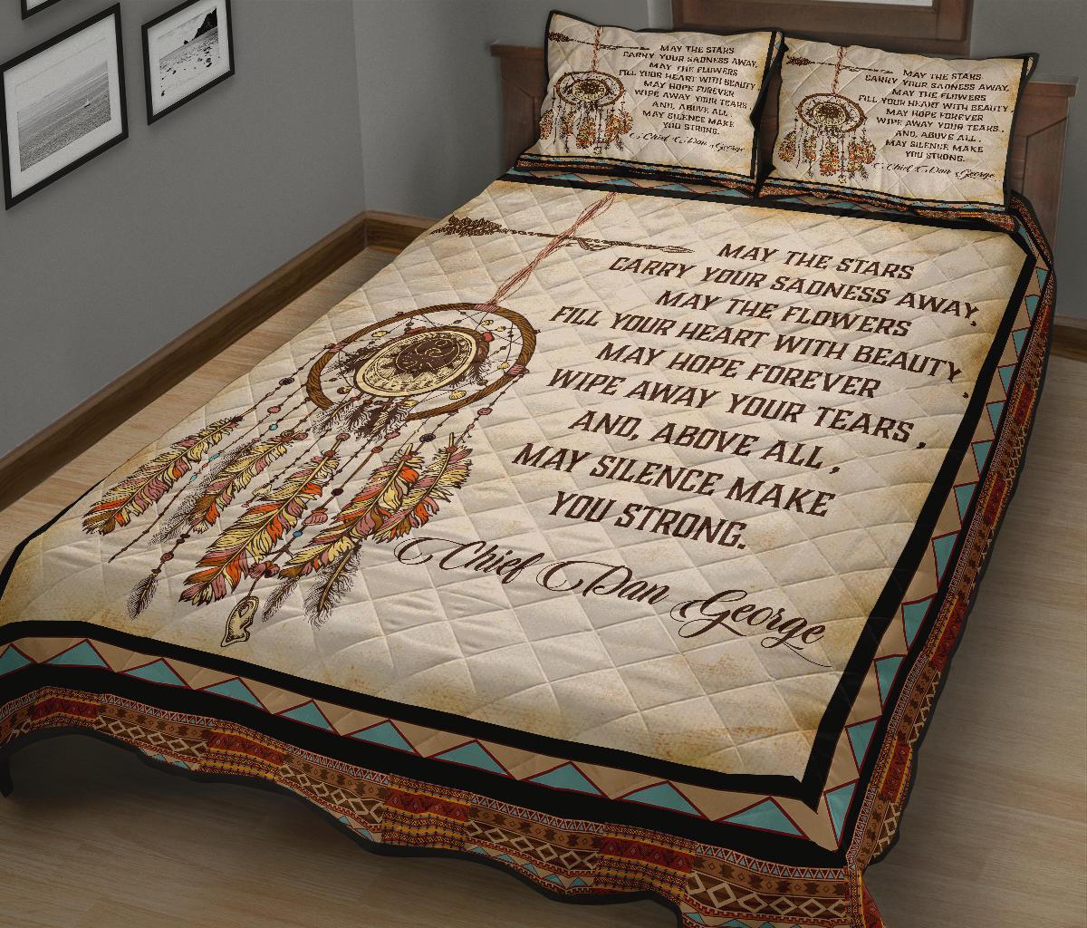 Quilt bed set with dreamcatcher medallion and quote text on cream background; 2 pillows