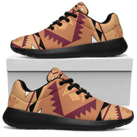 Lace-up native-style geometric sneakers, tan/purple/pink upper with black sole