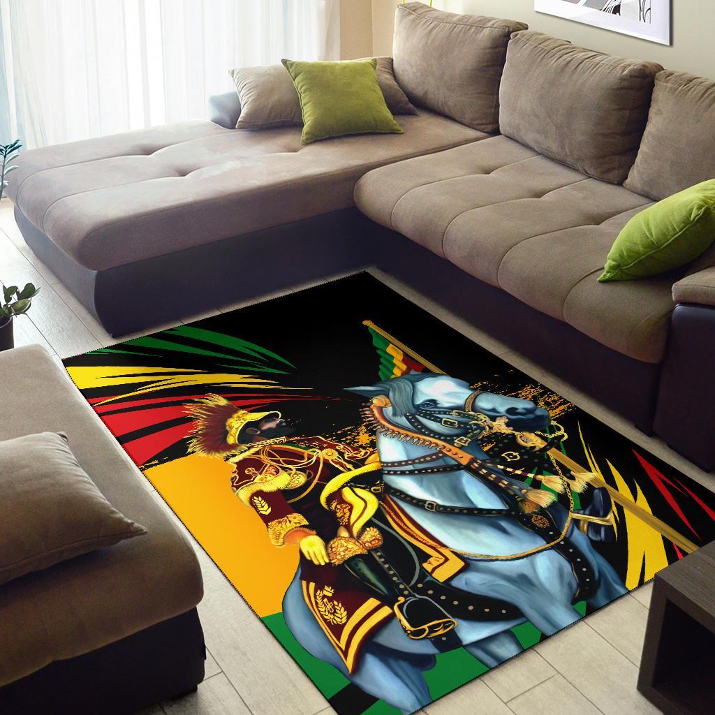 Multicolor area rug showing emperor in gold details riding blue horse on black
