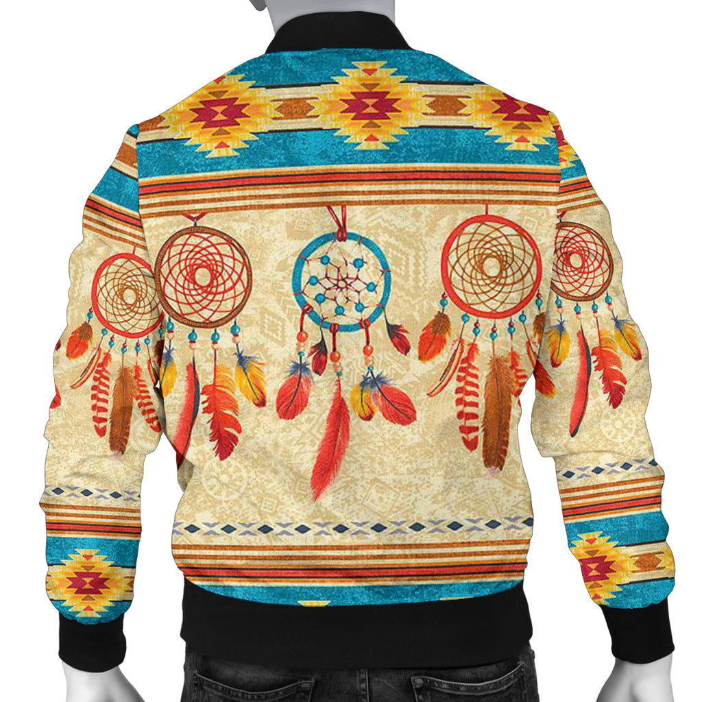Men’s bomber jacket back view with large circular dreamcatcher and feather graphic, zip front