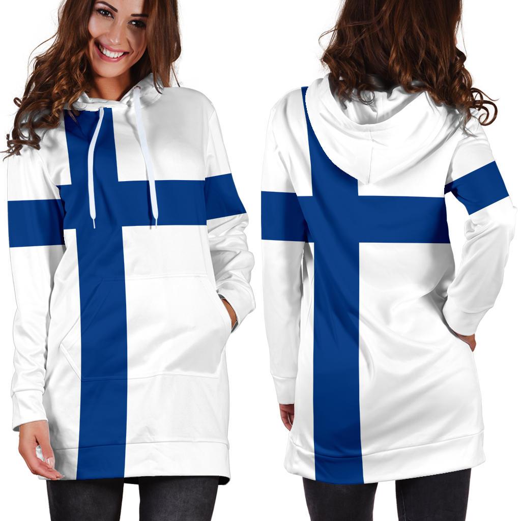 White hoodie dress with bold blue Nordic cross print, kangaroo pocket, pulled-back hood view