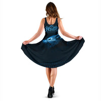 Black and blue sleeveless dress, wolf graphic across back, full circle skirt