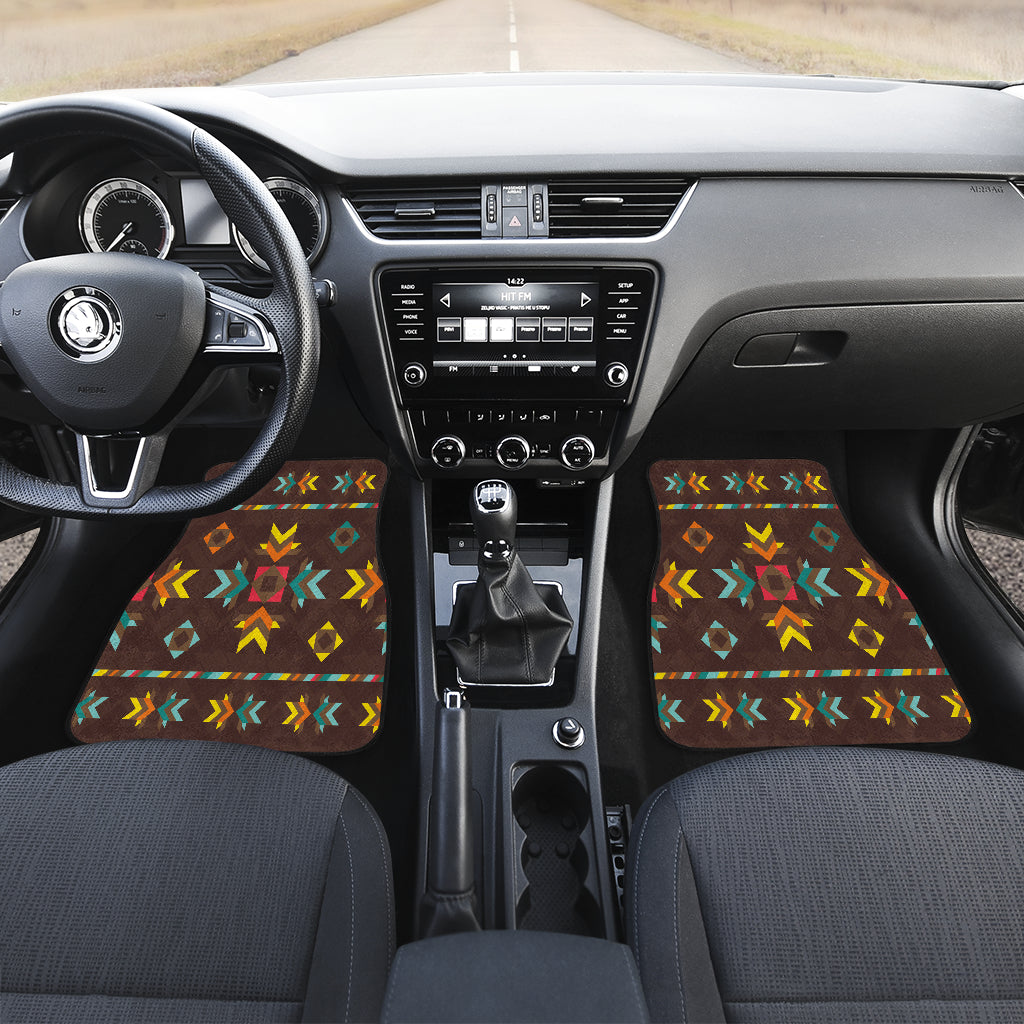 Brown patterned front car mats, Native American arrow and diamond motifs