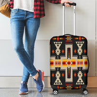 Kofferhülle mit buntem Native-Muster auf schwarzem Grund, für Rollkoffer geeignet